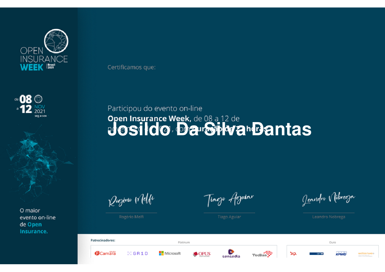 Certificado de Participação de Josildo Da Silva Dantas, emitido por Somos Ox
