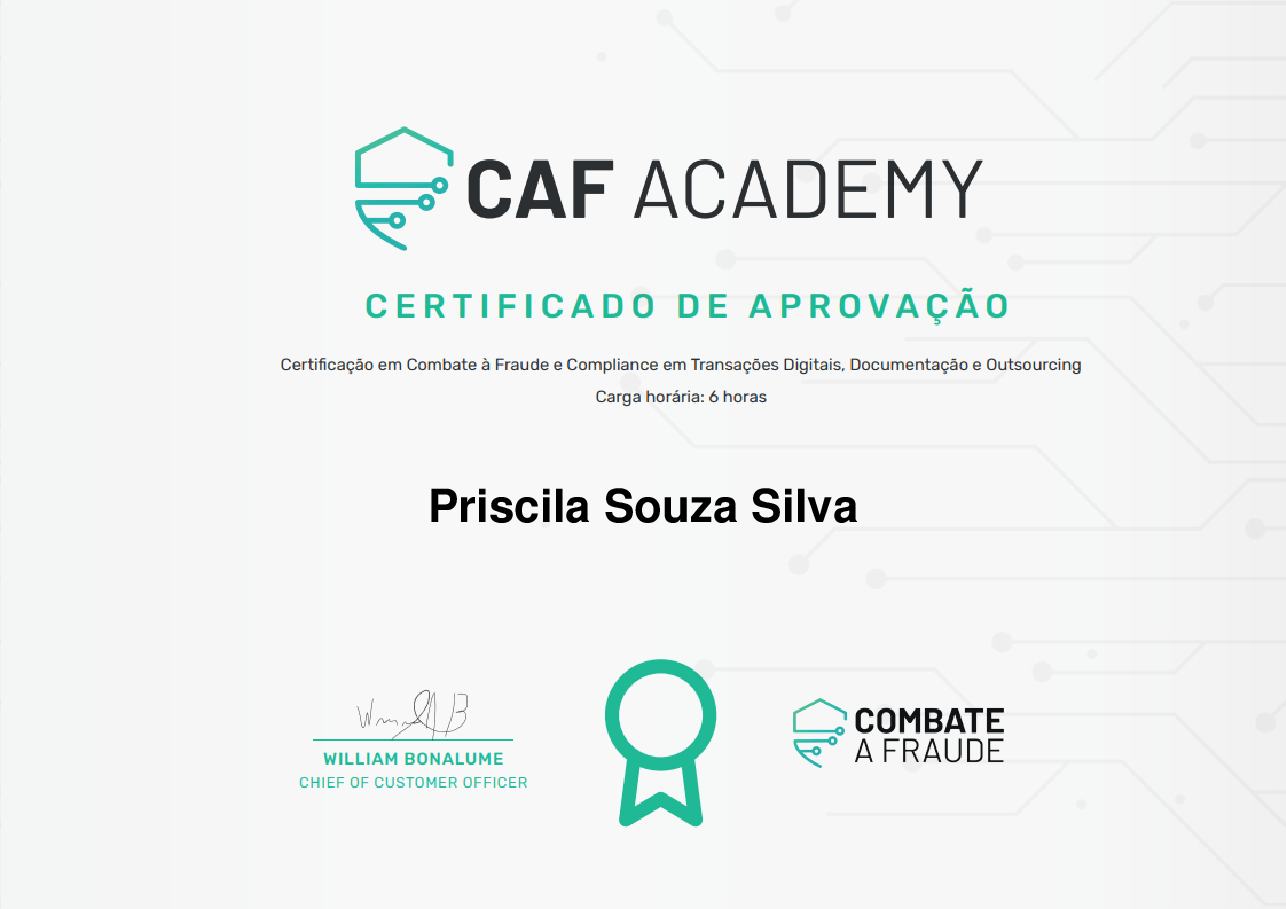 Certificado de Conclusão de Priscila Souza Silva, emitido por Fintech School
