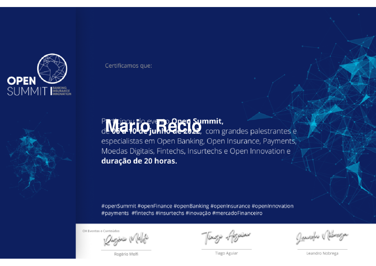 Certificado de Participação de Mario Recio, emitido por Somos Ox