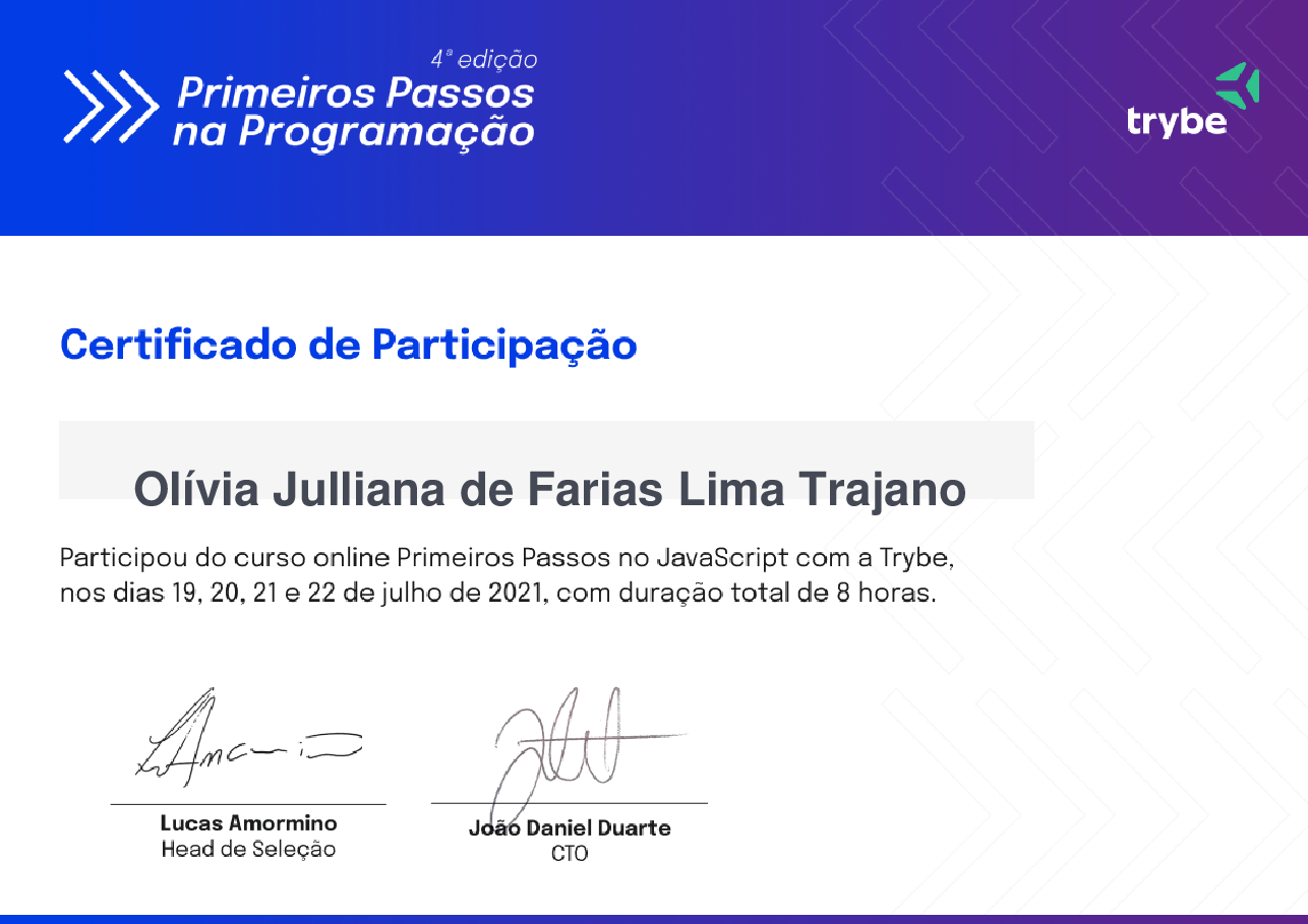 Certificado de Participação de Olívia Julliana de Farias Lima Trajano, emitido por Trybe