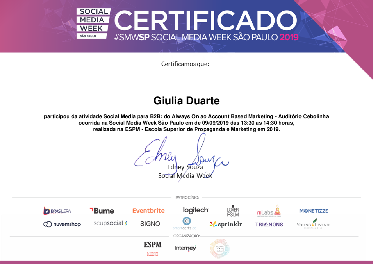Certificado de Participação de Giulia Duarte, emitido por Social Media Week