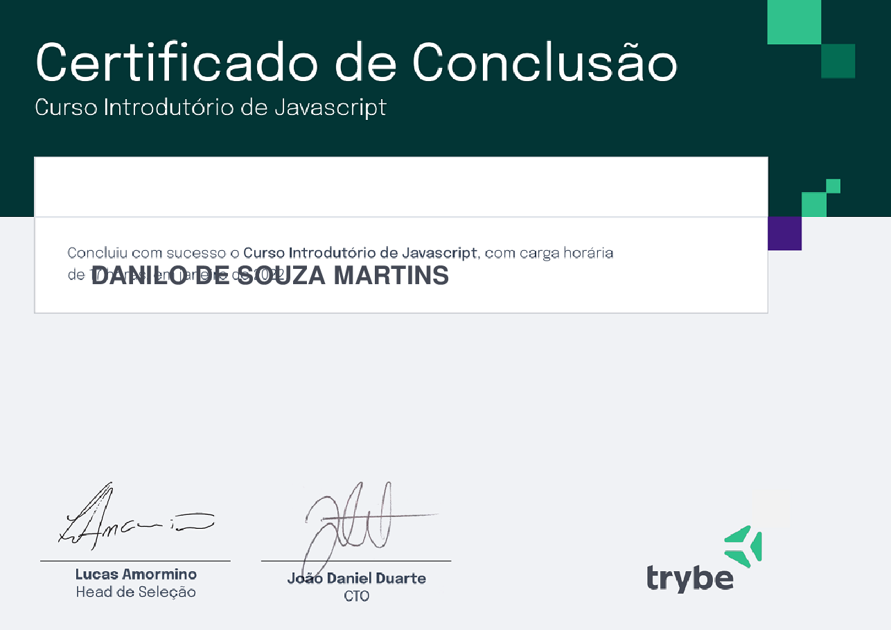 Certificado de Participação de DANILO DE SOUZA MARTINS, emitido por Trybe