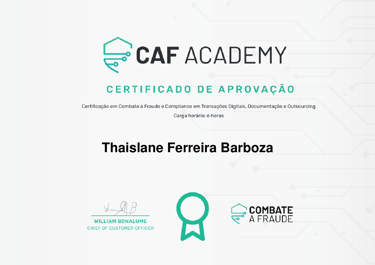 Certificado de Conclusão de Thaislane Ferreira Barboza, emitido por Fintech School
