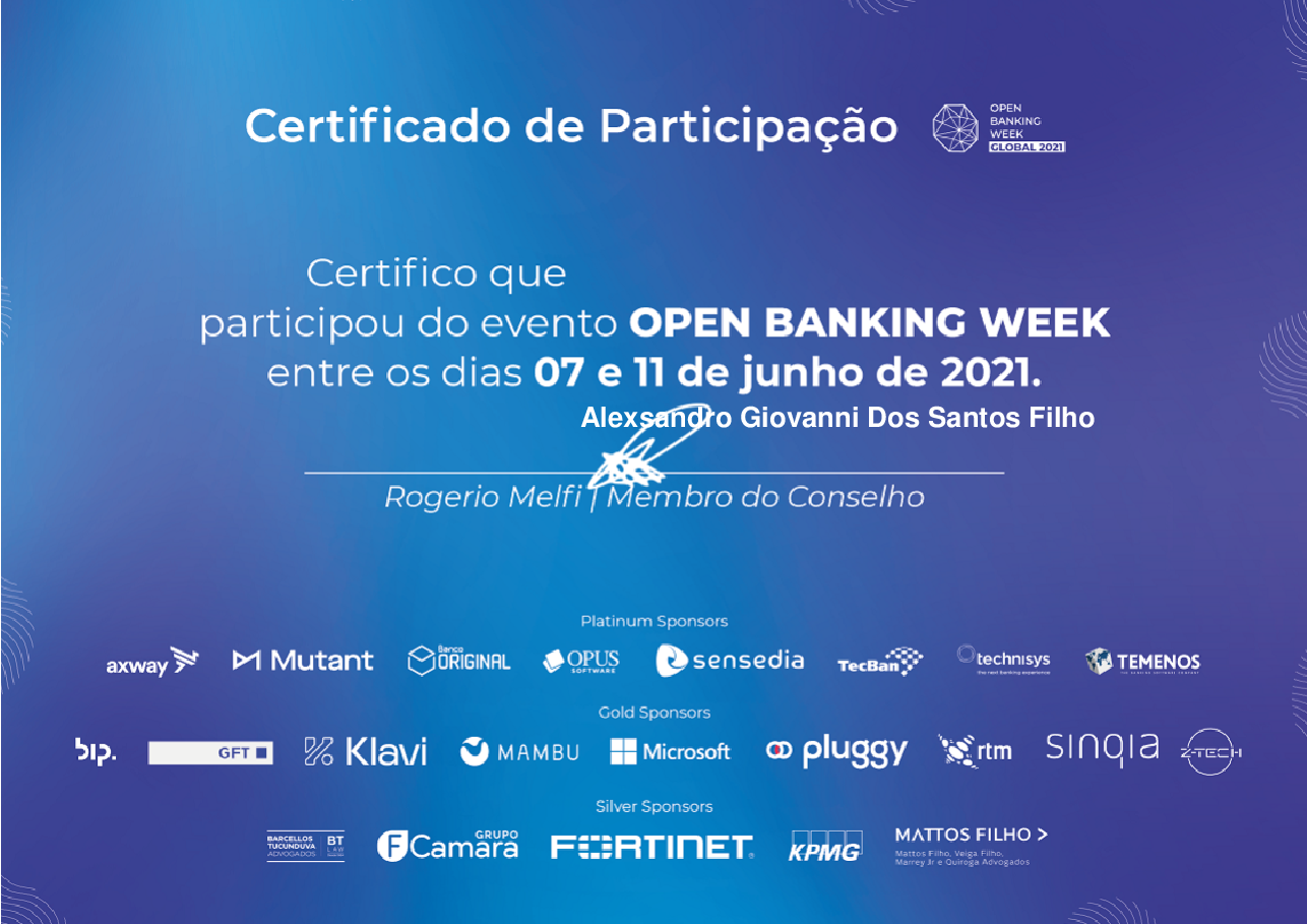 Certificado de Participação de Alexsandro Giovanni Dos Santos Filho, emitido por Open Banking Brasil