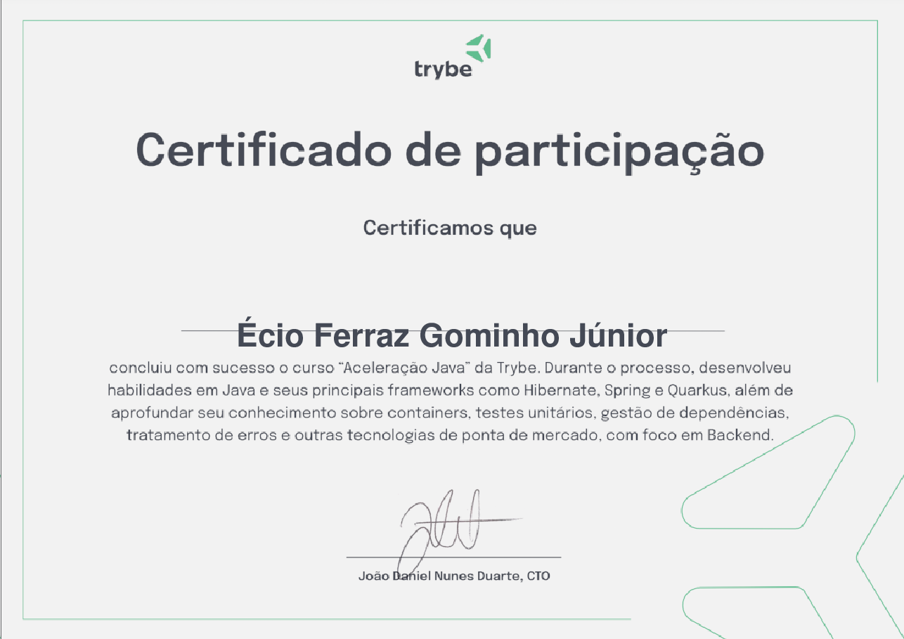 Certificado de Participação de Écio Ferraz Gominho Júnior, emitido por Trybe