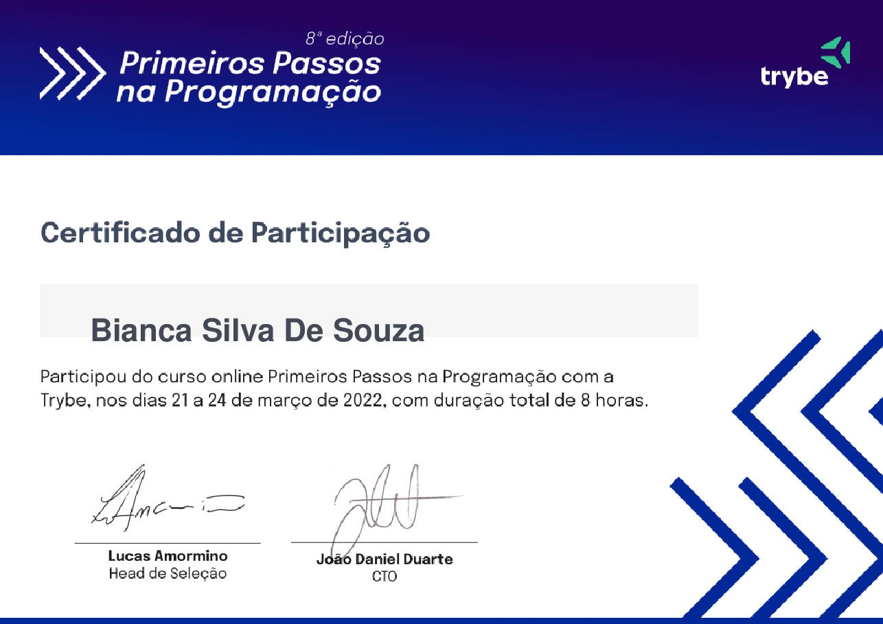 Certificado de Participação de Bianca Silva De Souza, emitido por Trybe