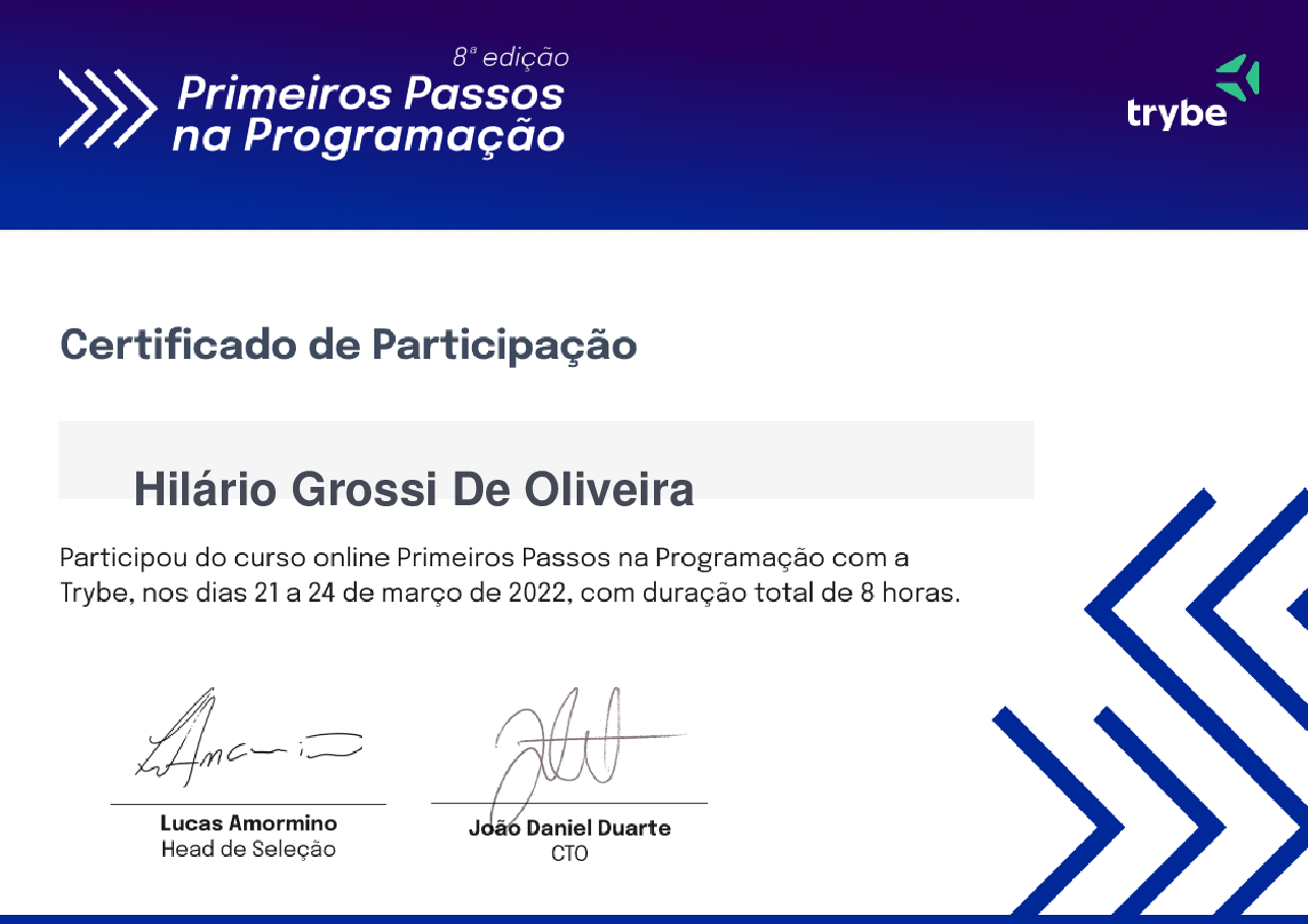 Certificado de Participação de Hilário Grossi De Oliveira, emitido por Trybe