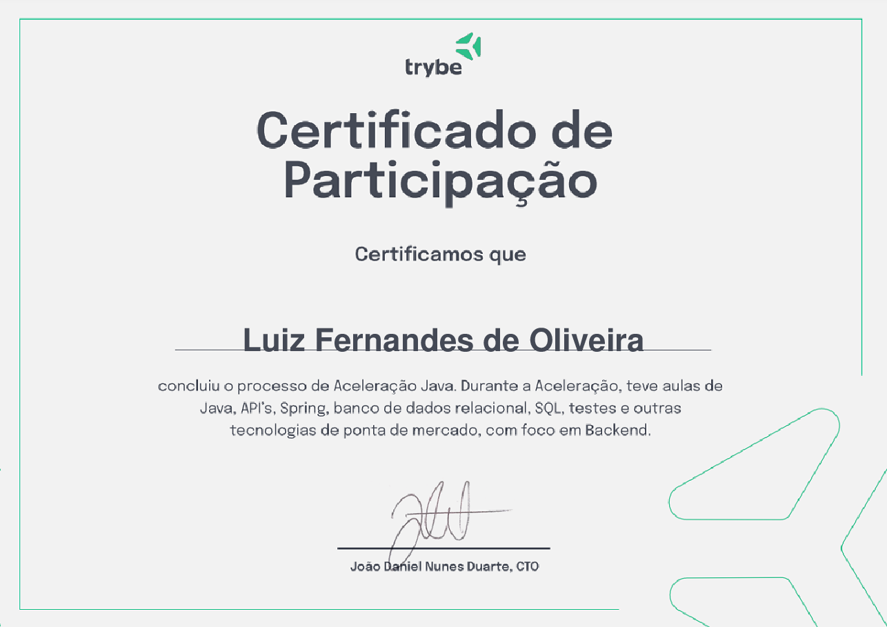 Certificado de Participação de Luiz Fernandes de Oliveira, emitido por Trybe