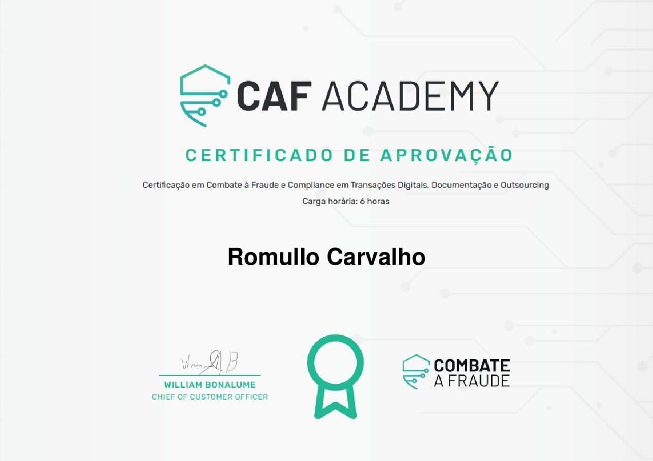Certificado de Conclusão de Romullo Carvalho, emitido por Fintech School
