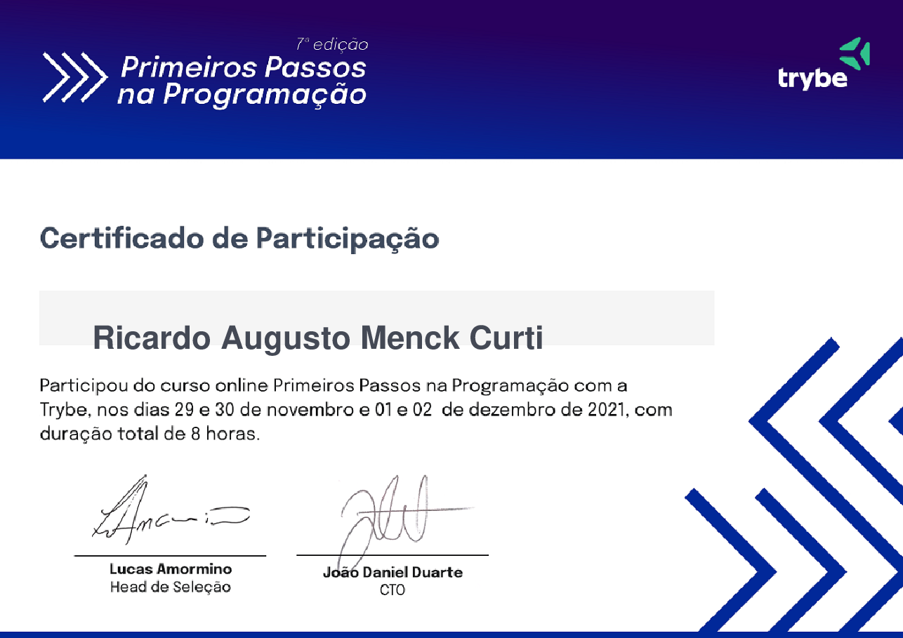Certificado de Participação de Ricardo Augusto Menck Curti, emitido por Trybe