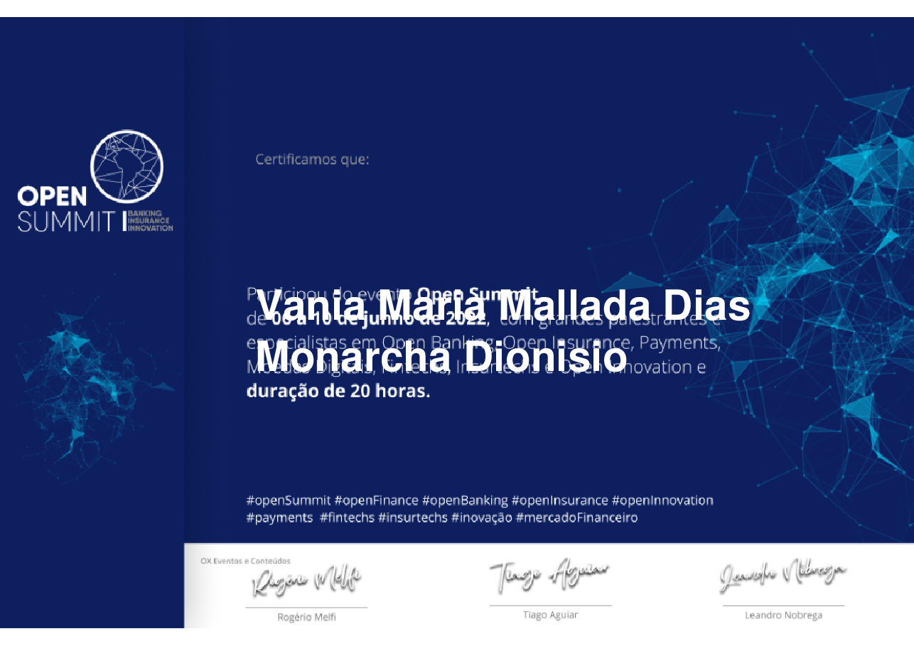Certificado de Participação de Vania Maria Mallada Dias Monarcha Dionisio, emitido por Somos Ox