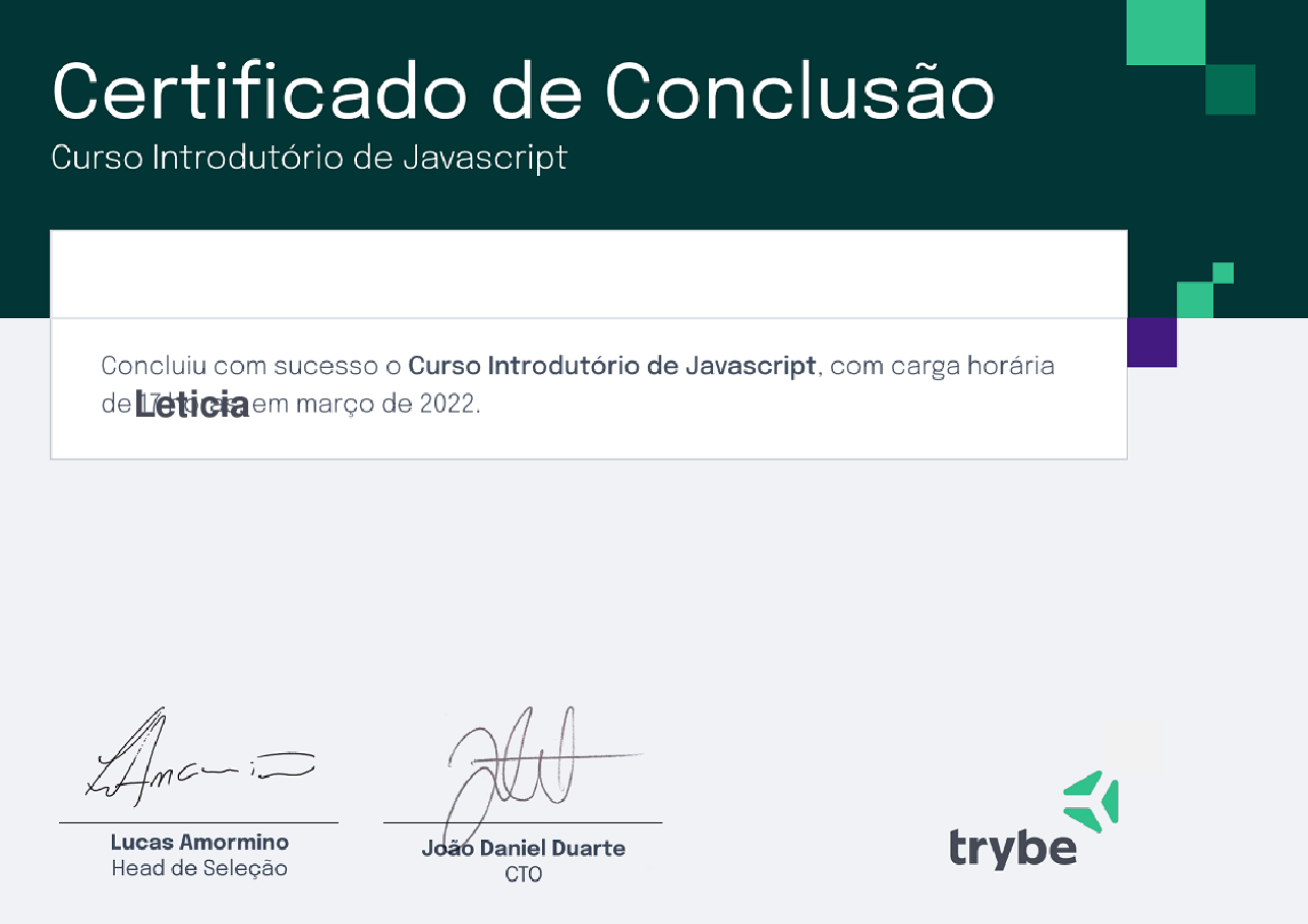 Certificado de Participação de Leticia, emitido por Trybe
