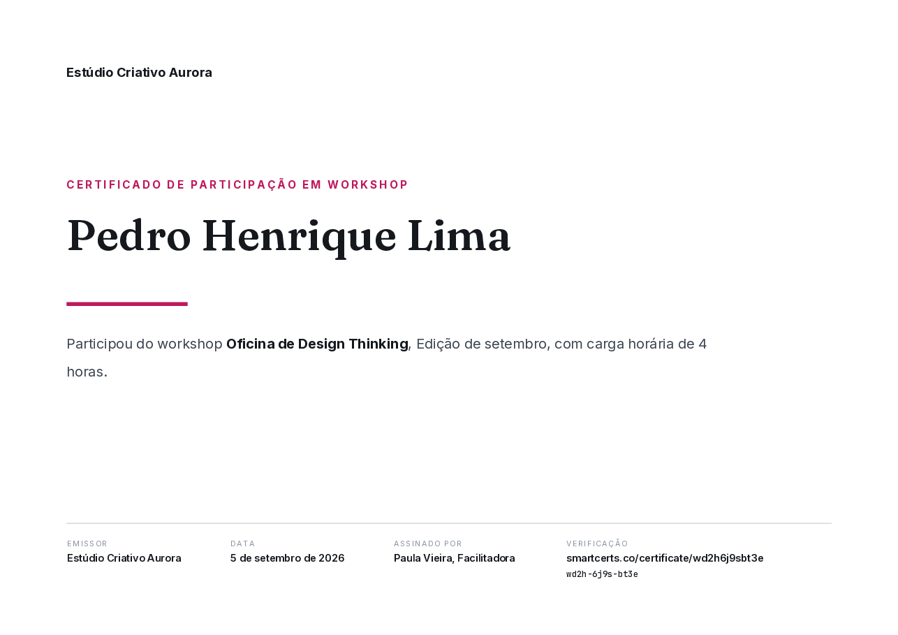 Certificado de Participação em Workshop de Pedro Henrique Lima, Estúdio Criativo Aurora