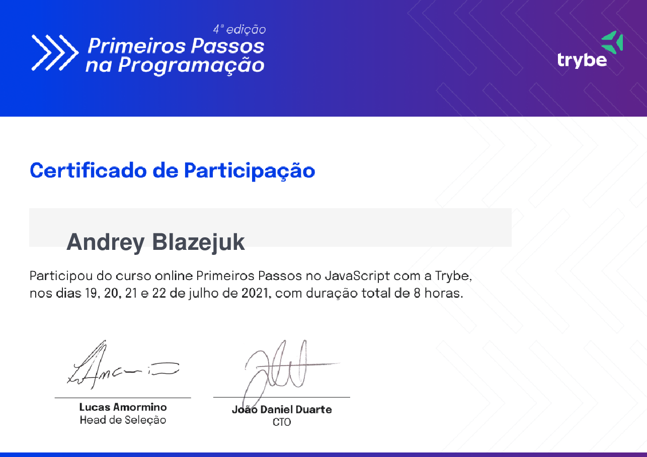 Certificado de Participação de Andrey Blazejuk, emitido por Trybe