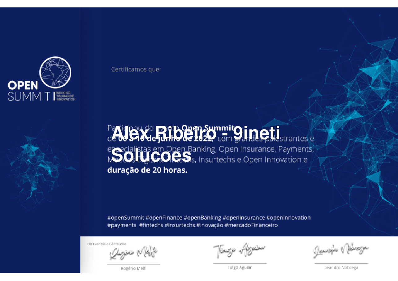Certificado de Participação de Alex Ribeiro - 9ineti Solucoes, emitido por Somos Ox