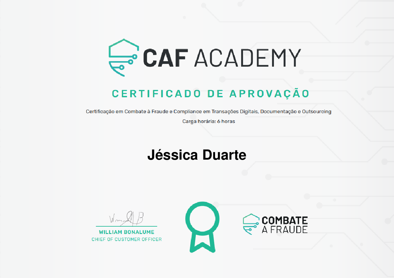 Certificado de Conclusão de Jéssica Duarte, emitido por Fintech School