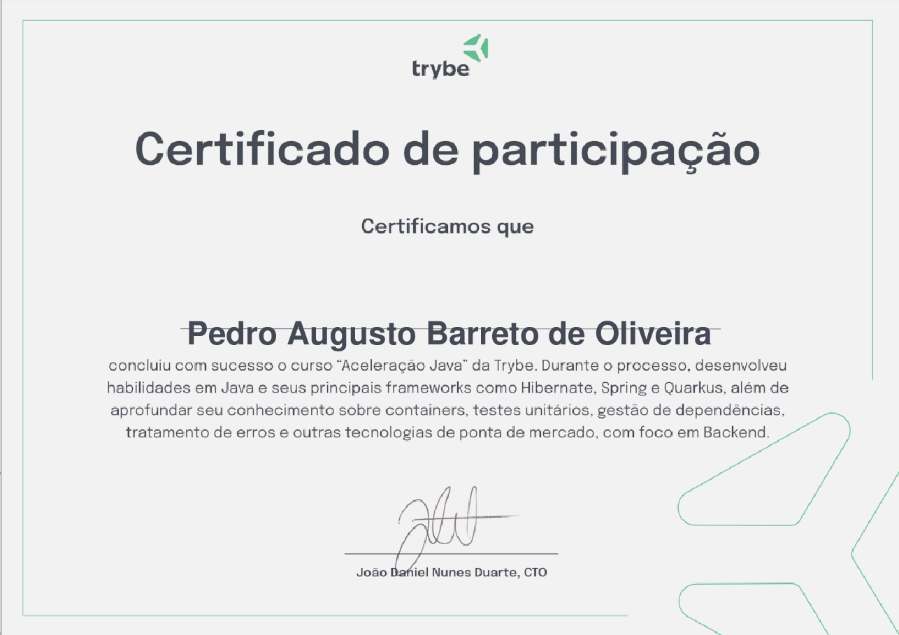 Certificado de Participação de Pedro Augusto Barreto de Oliveira, emitido por Trybe