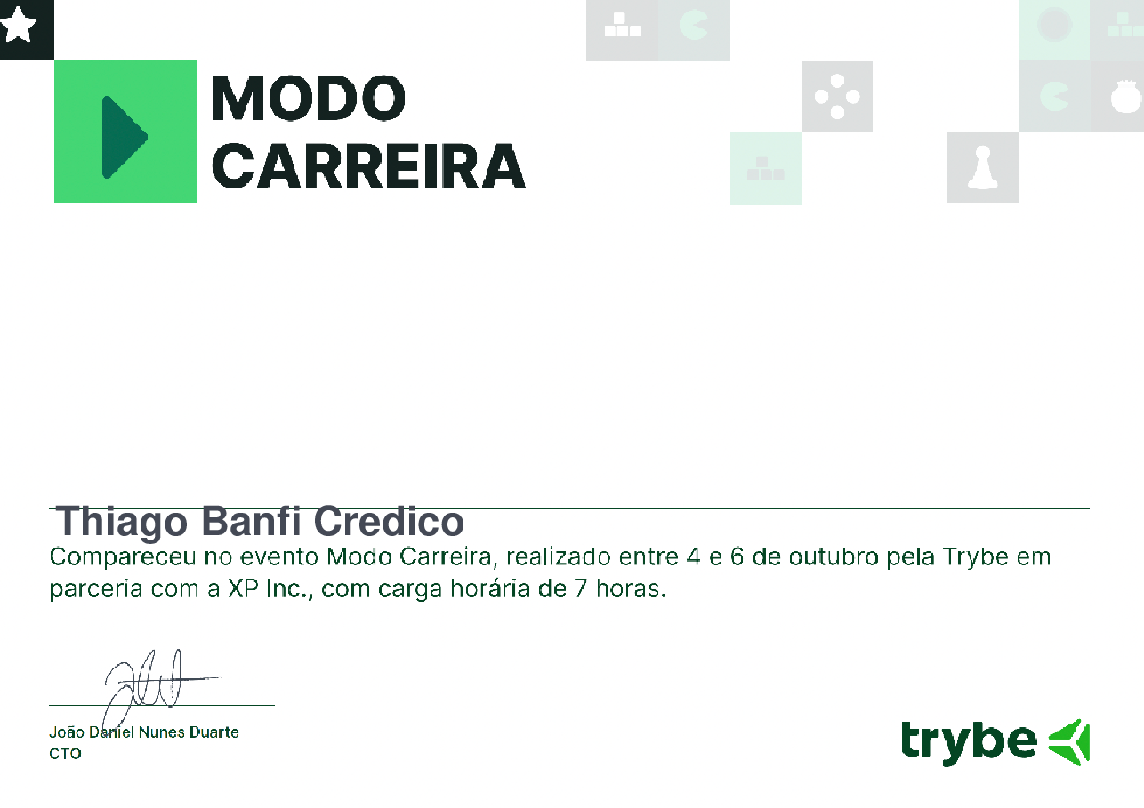 Certificado de Participação de Thiago Banfi Credico, emitido por Trybe
