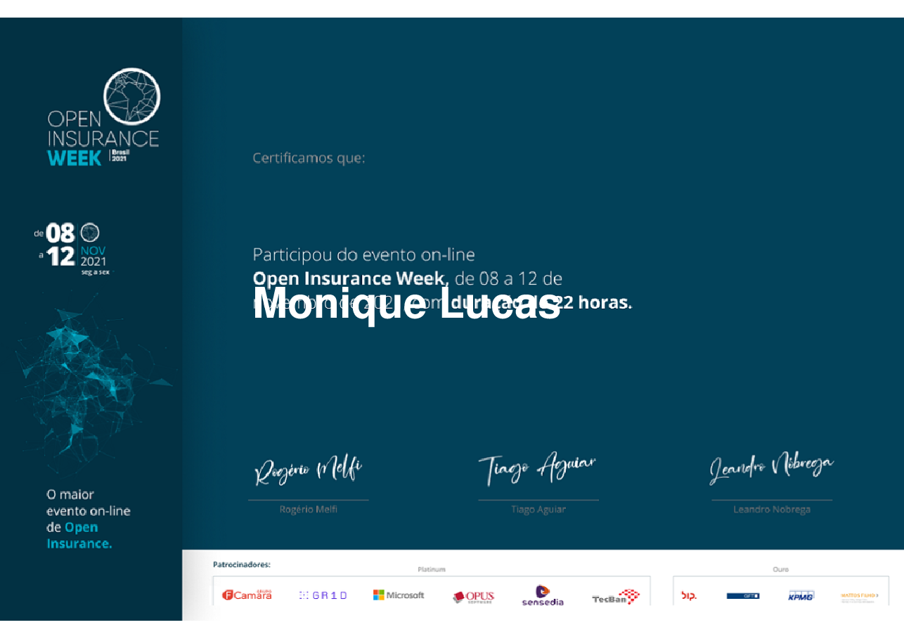 Certificado de Participação de Monique Lucas, emitido por Somos Ox
