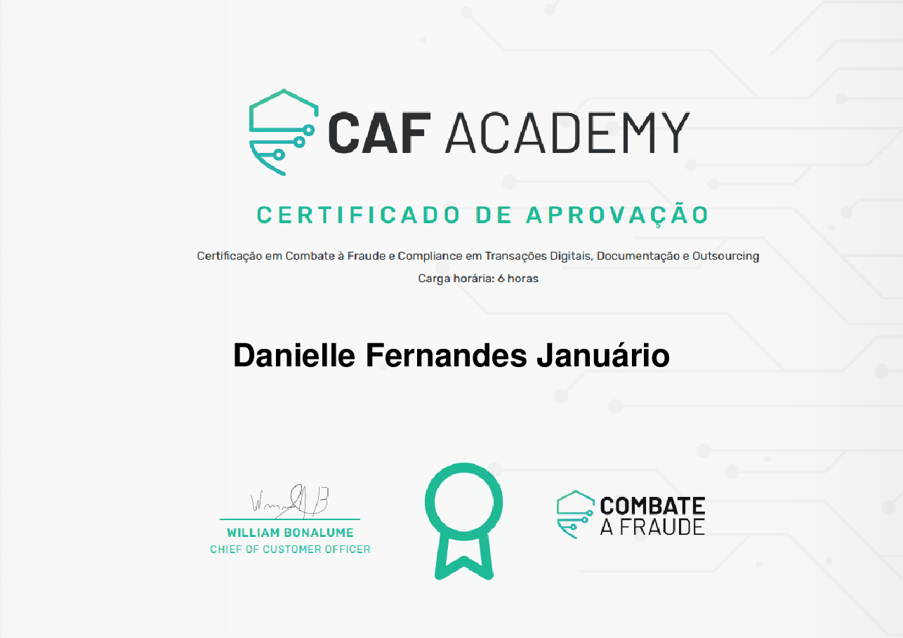 Certificado de Conclusão de Danielle Fernandes Januário, emitido por Fintech School