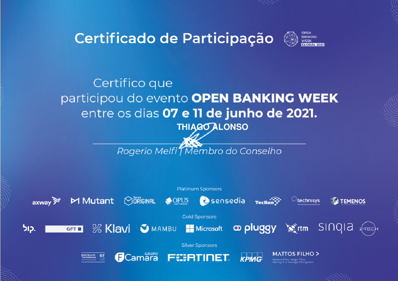 Certificado de Participação de THIAGO ALONSO, emitido por Open Banking Brasil