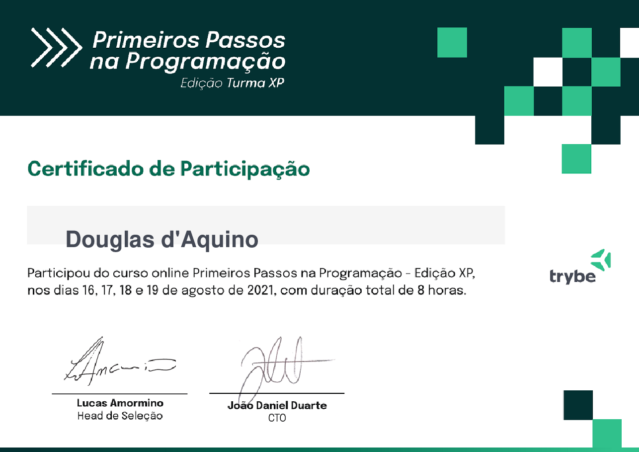 Certificado de Participação de Douglas d'Aquino, emitido por Trybe