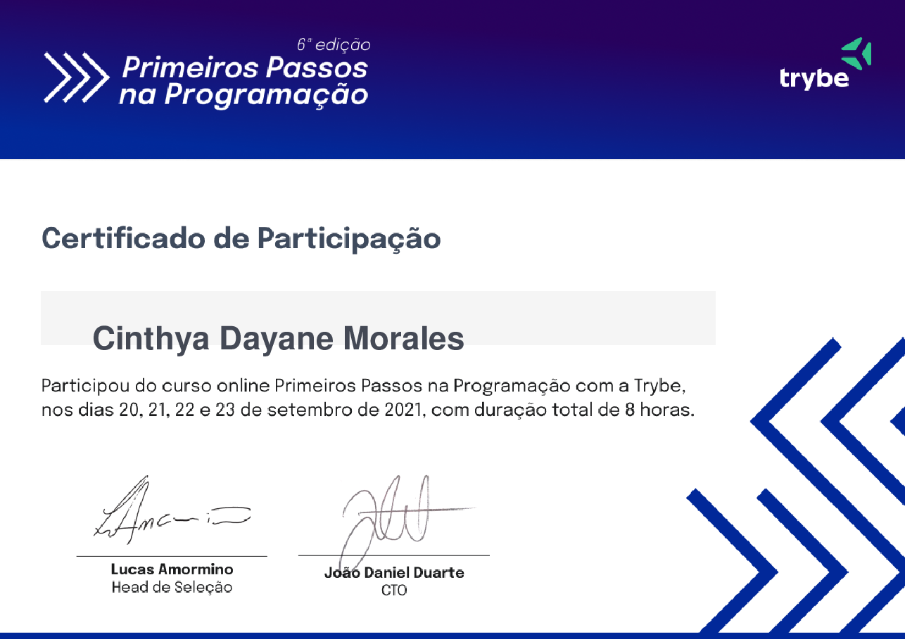 Certificado de Participação de Cinthya Dayane Morales, emitido por Trybe