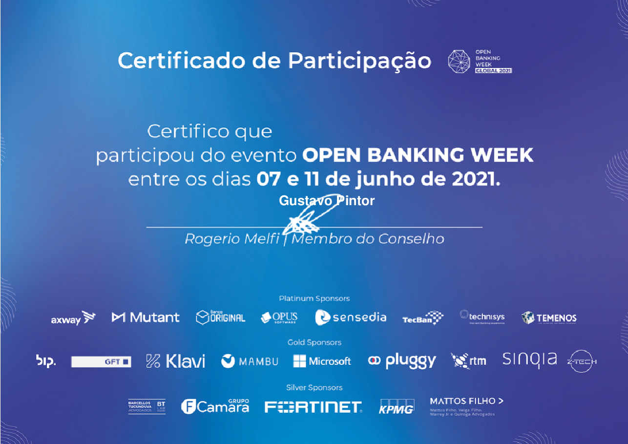 Certificado de Participação de Gustavo Pintor, emitido por Open Banking Brasil