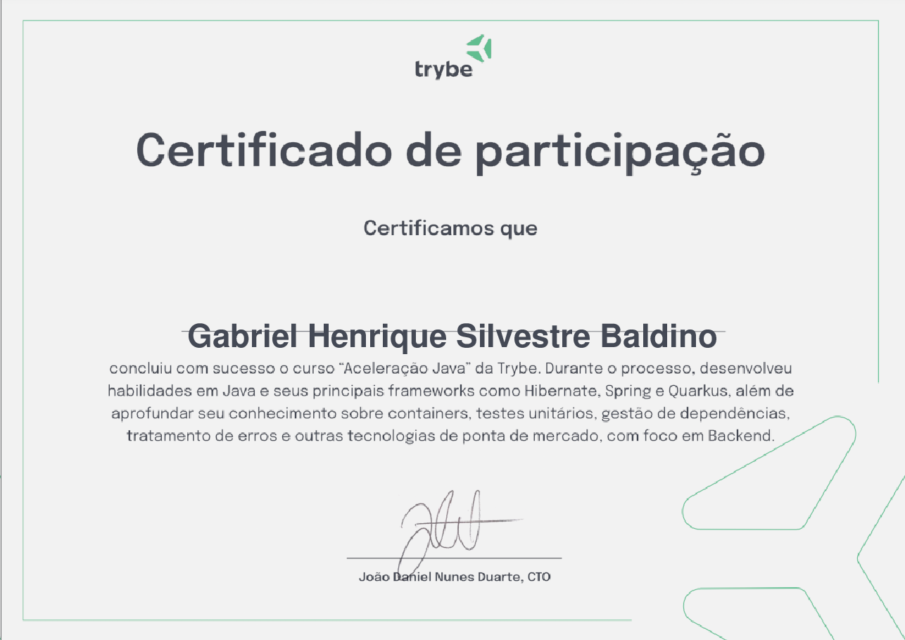 Certificado de Participação de Gabriel Henrique Silvestre Baldino, emitido por Trybe