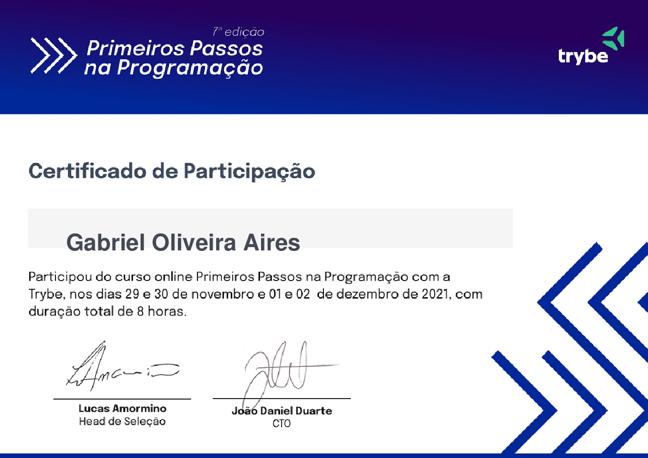 Certificado de Participação de Gabriel Oliveira Aires, emitido por Trybe