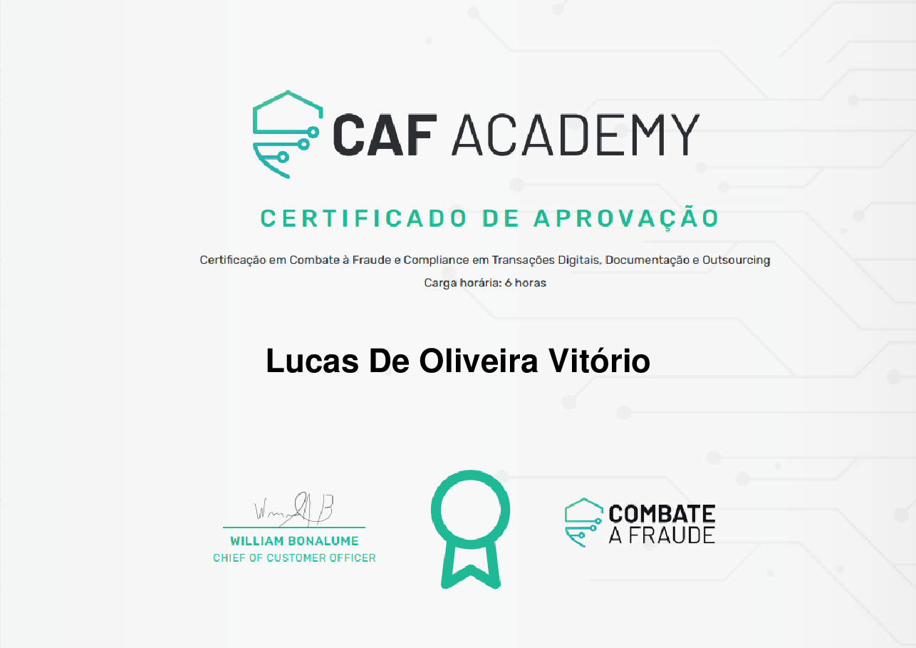 Certificado de Conclusão de Lucas De Oliveira Vitório, emitido por Fintech School