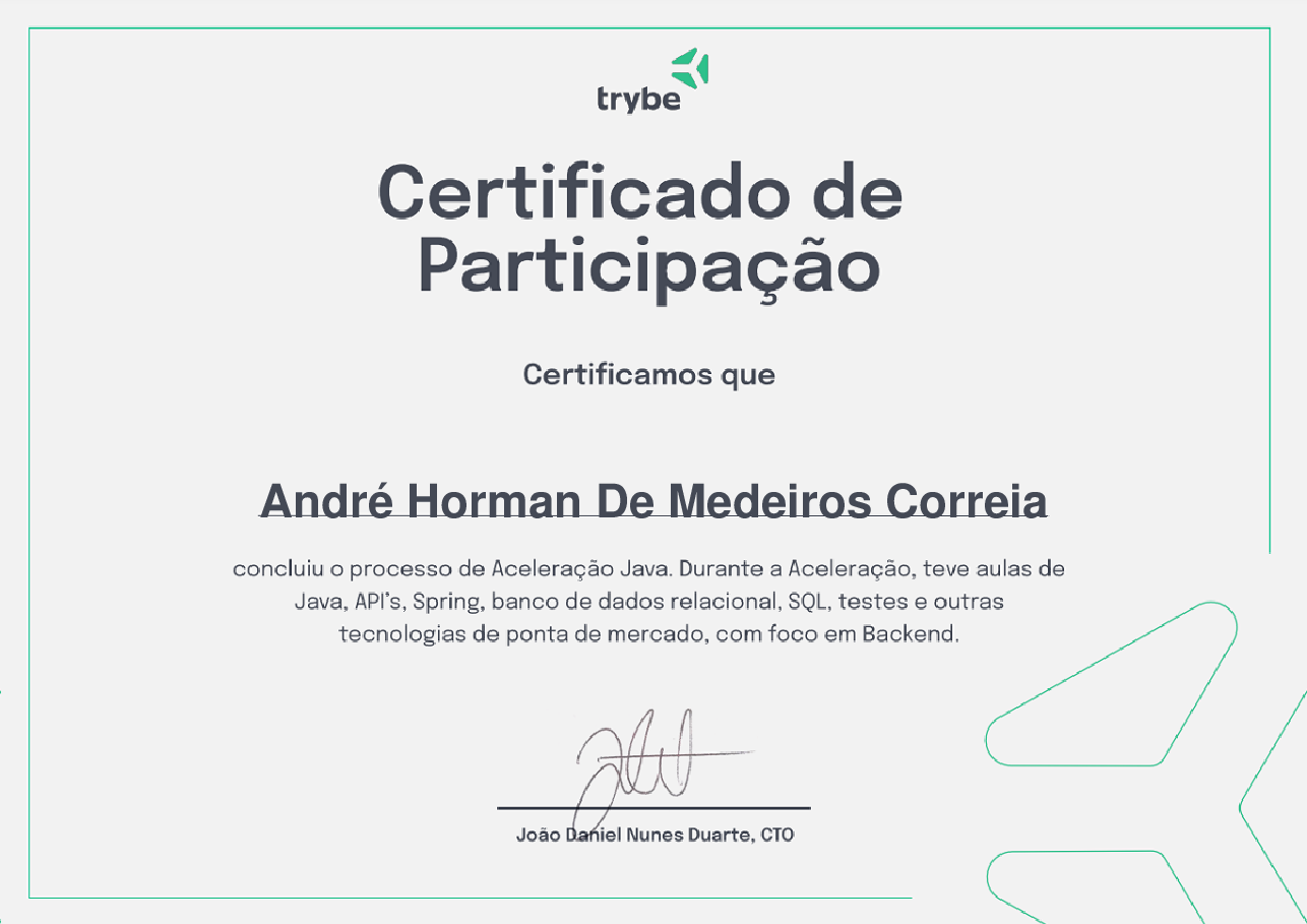 Certificado de Participação de André Horman De Medeiros Correia, emitido por Trybe