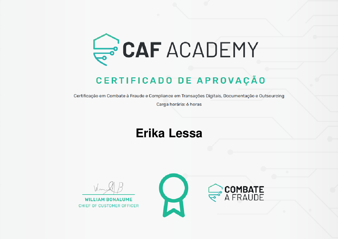 Certificado de Conclusão de Erika Lessa, emitido por Fintech School