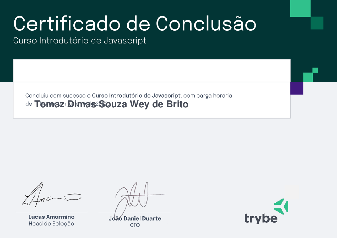 Certificado de Participação de Tomaz Dimas Souza Wey de Brito, emitido por Trybe