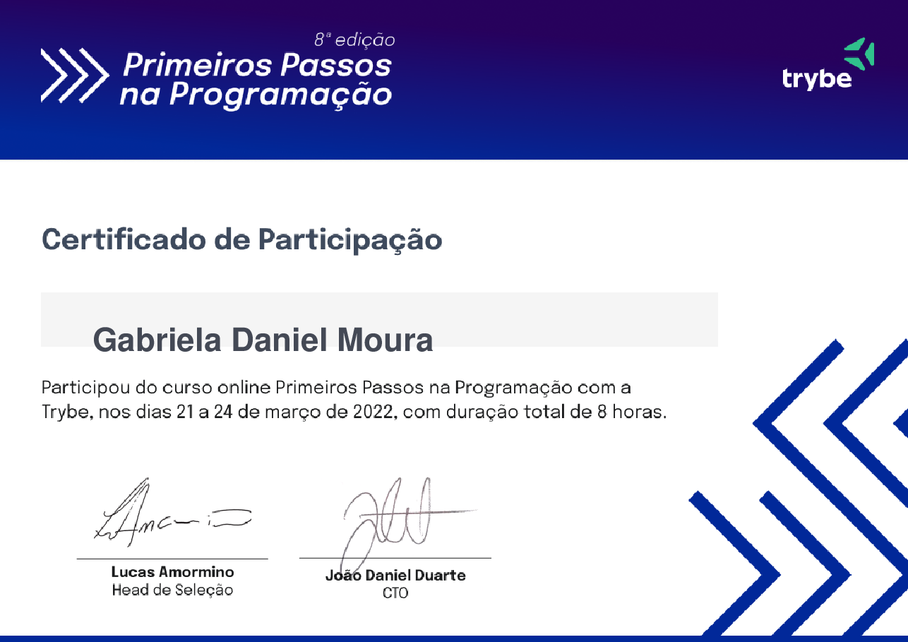 Certificado de Participação de Gabriela Daniel Moura, emitido por Trybe