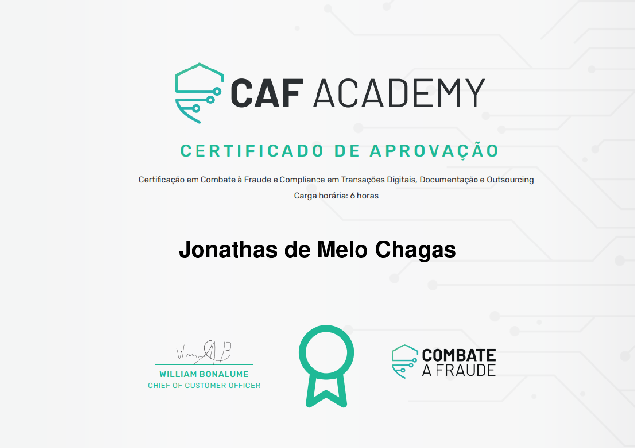 Certificado de Conclusão de Jonathas de Melo Chagas, emitido por Fintech School