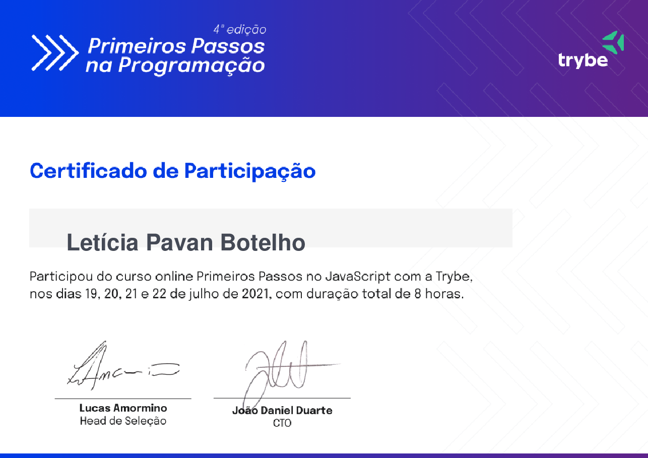 Certificado de Participação de Letícia Pavan Botelho, emitido por Trybe