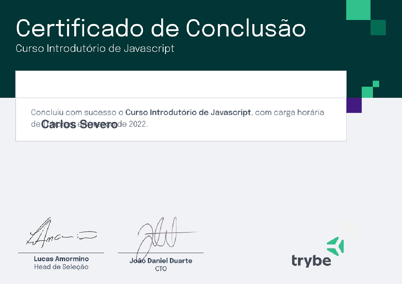 Certificado de Participação de Carlos Severo, emitido por Trybe