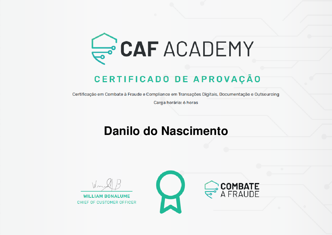 Certificado de Conclusão de Danilo do Nascimento, emitido por Fintech School