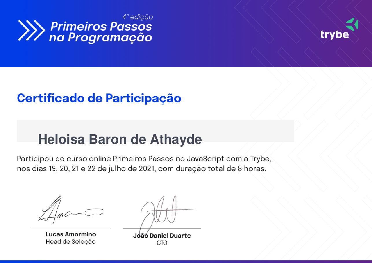 Certificado de Participação de Heloisa Baron de Athayde, emitido por Trybe