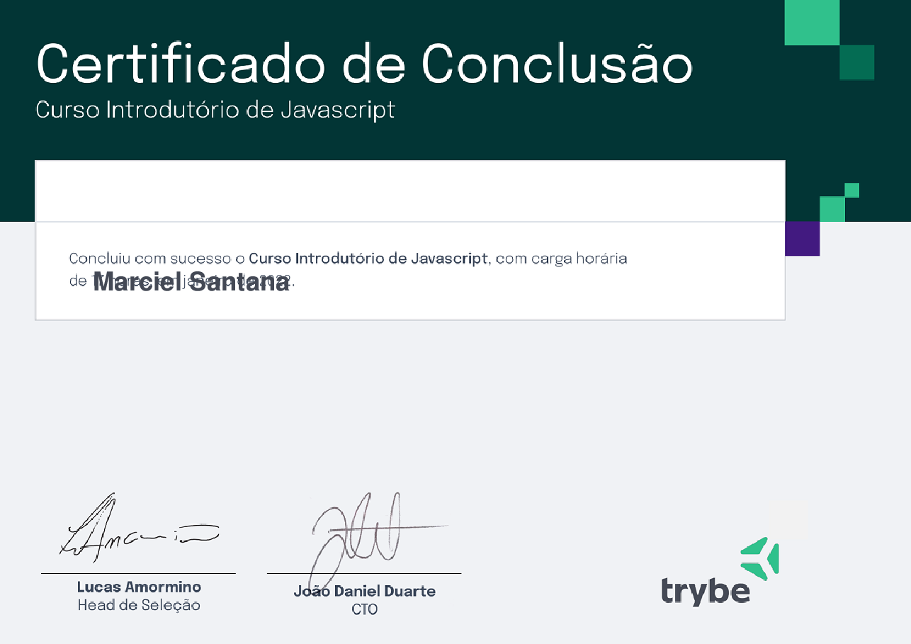 Certificado de Participação de Marciel  Santana, emitido por Trybe