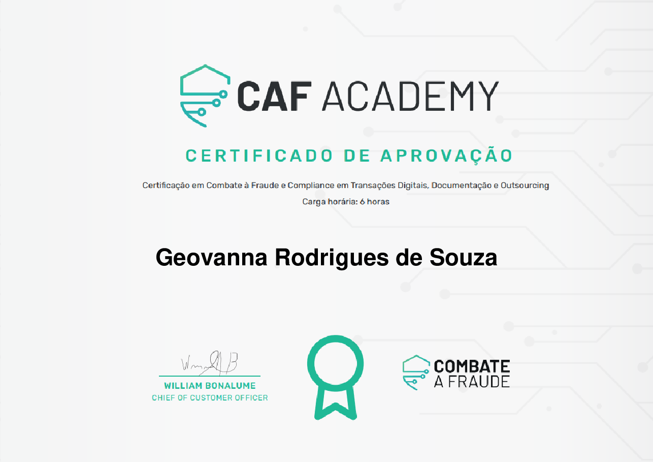 Certificado de Conclusão de Geovanna Rodrigues de Souza, emitido por Fintech School