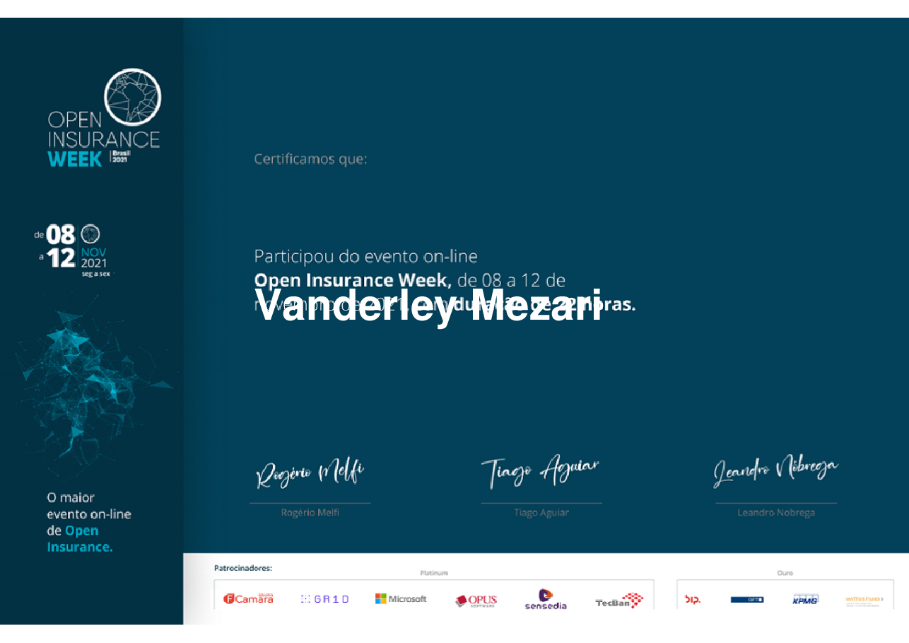 Certificado de Participação de Vanderley Mezari, emitido por Somos Ox