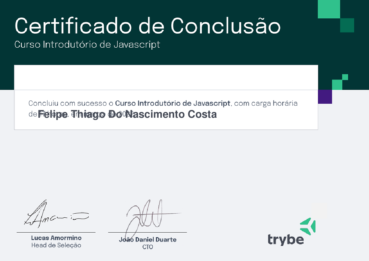 Certificado de Participação de Felipe Thiago Do Nascimento Costa, emitido por Trybe