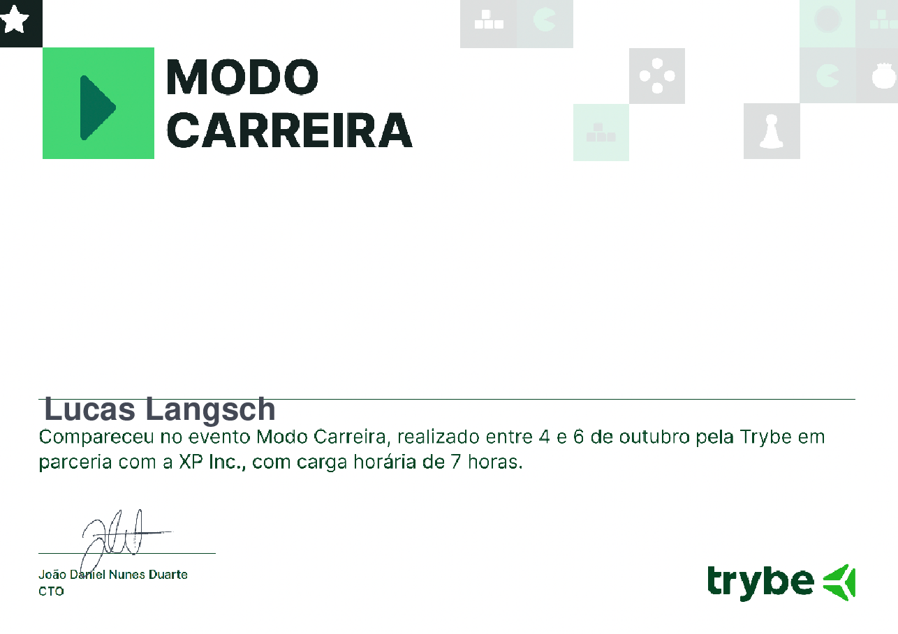 Certificado de Participação de Lucas Langsch, emitido por Trybe