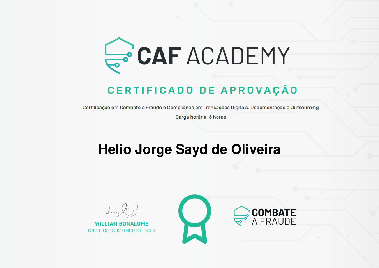 Certificado de Conclusão de Helio Jorge Sayd de Oliveira, emitido por Fintech School