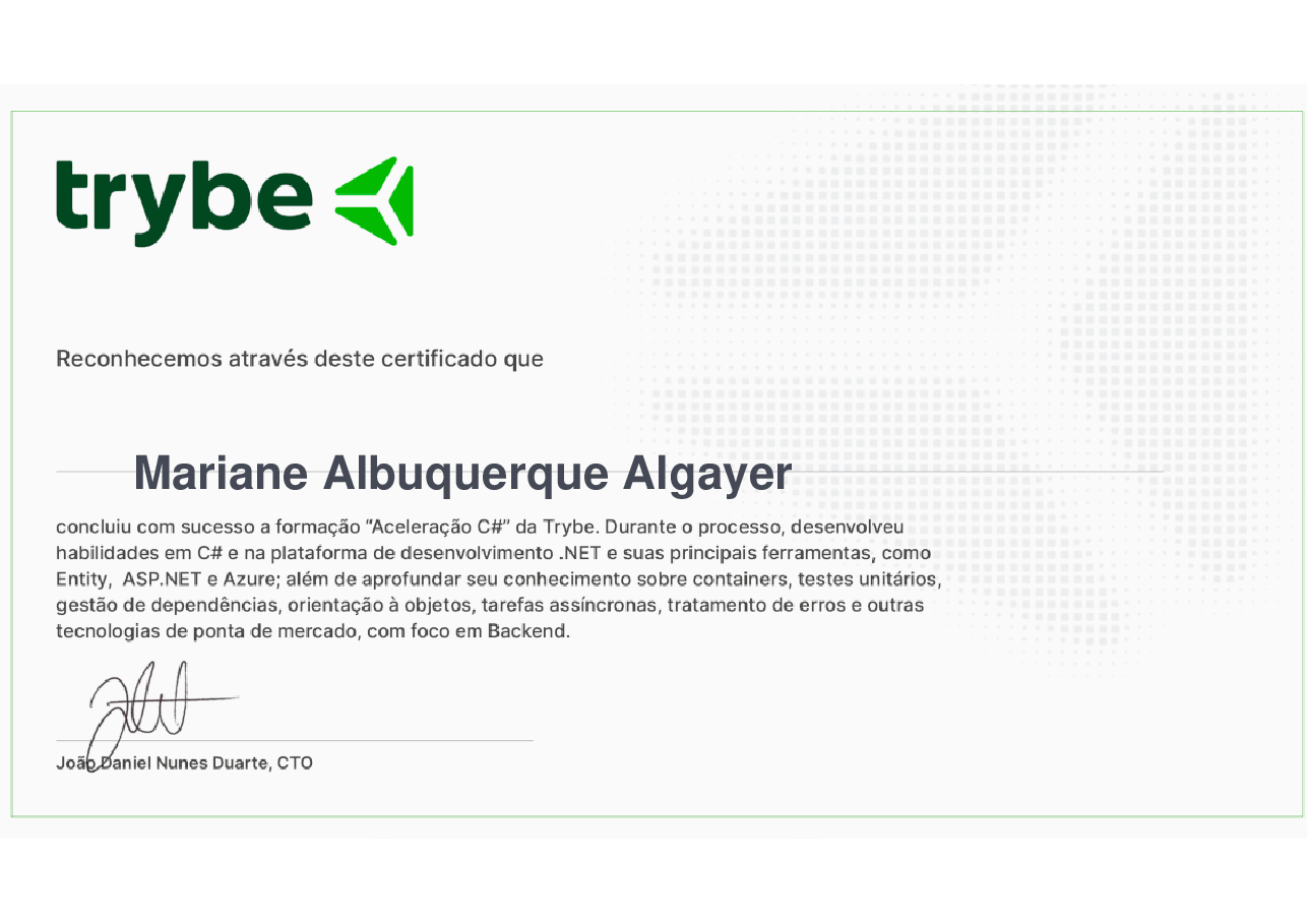 Certificado de Participação de Mariane Albuquerque Algayer, emitido por Trybe