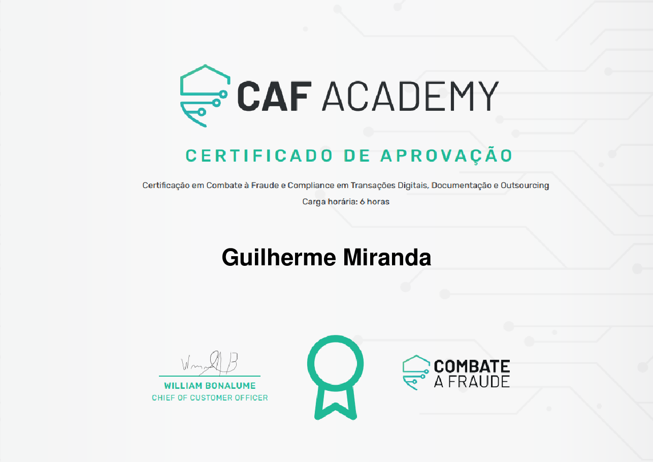 Certificado de Conclusão de Guilherme Miranda, emitido por Fintech School