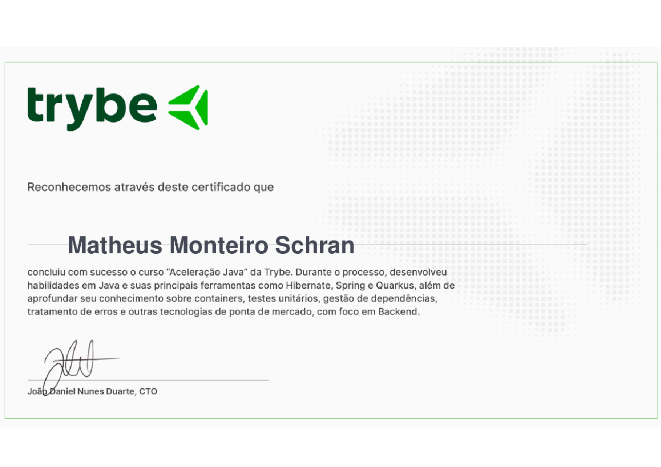 Certificado de Conclusão de Matheus Monteiro Schran, emitido por Trybe