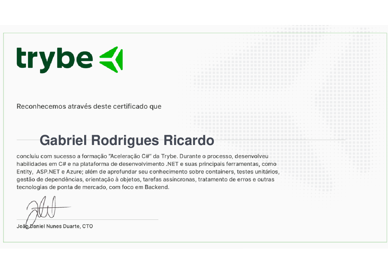 Certificado de Participação de Gabriel Rodrigues Ricardo, emitido por Trybe